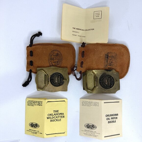 Heritage Mint Oklahoma Oil Patch & Wildcatters Brass Belt Buckles Set w/ Bags & - Picture 5 of 9